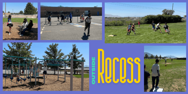 Titled Outdoor Recess showing photo of students a 9 square, on monkeybars, and playing flag football.