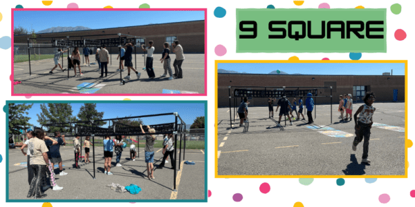 Three photos of students playing 9 square