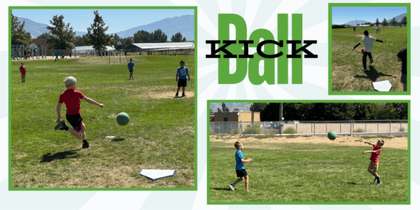 three photos of students playing kickball