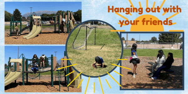 Titled Hanging out with your friends Recess students on jungle gym, student performing an sommersaut, and three female students talking