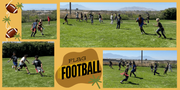 Four photos of students playing flag football