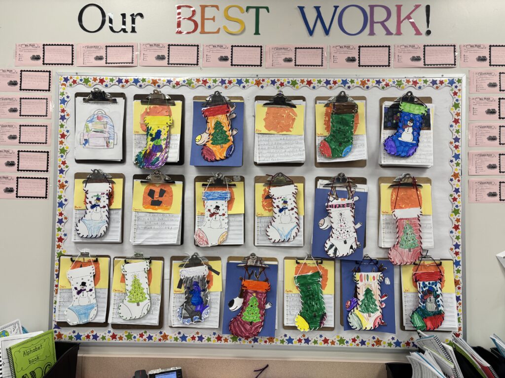 Bulletin Board shows off students holiday work.