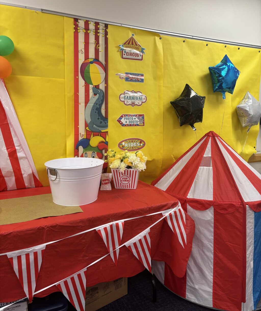 Teacher Appreciate Week circus themed decorations by the PTA